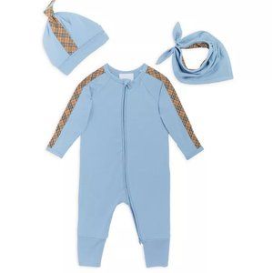 Burberry Baby 3 Piece Set with Onesie Hat Bib Check Trim Details Powder Blue